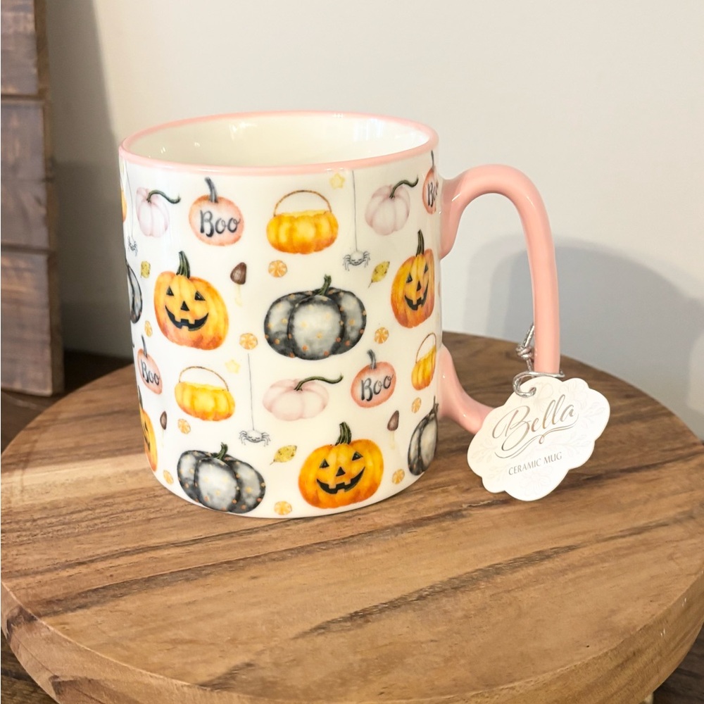 Halloween Pumpkin Bella Floral Ceramic Coffee Mug with Pink Handle